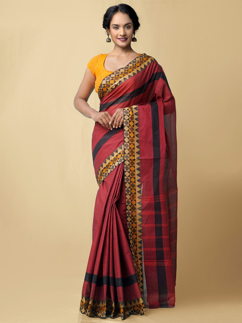 

Unnati Silks Maroon & Black Woven Design Pure Cotton Chettinad Saree