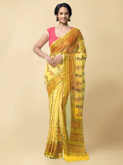 

Unnati Silks Yellow & Red Floral Block Print Saree