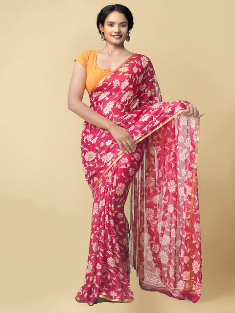 

Unnati Silks Red & White Floral Block Print Saree