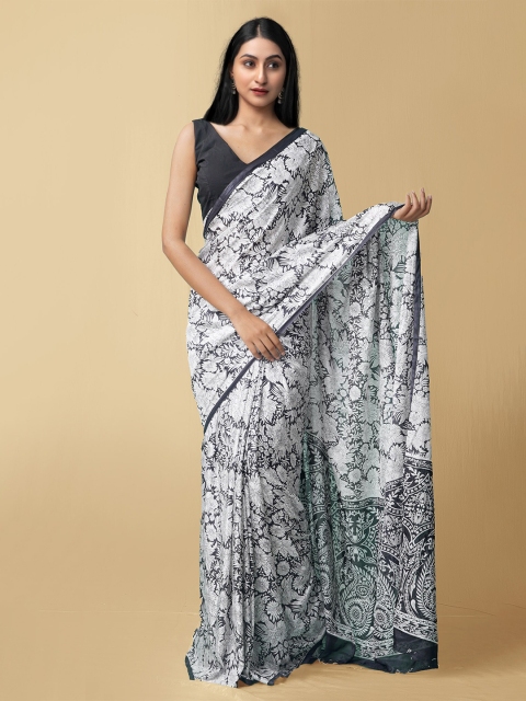 

Unnati Silks White & Black Floral Block Print Saree