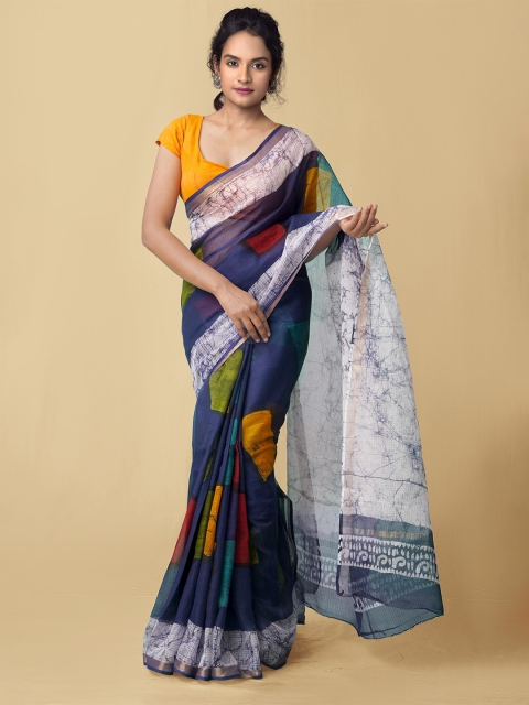 

Unnati Silks Blue & White Batik Zari Pure Cotton Kota Saree