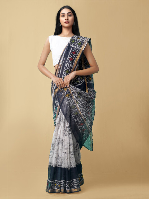 

Unnati Silks Black & White Batik Pure Cotton Kota Saree