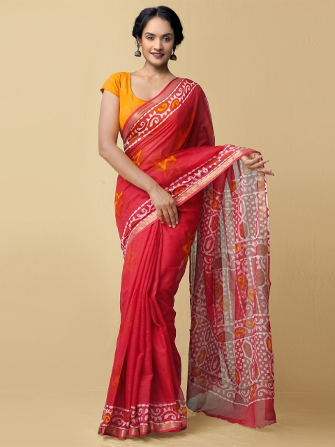 

Unnati Silks Red & White Batik Zari Pure Cotton Kota Saree