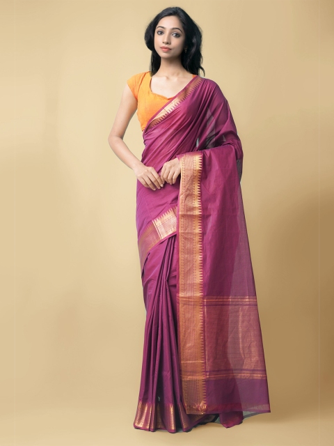 

Unnati Silks Burgundy & Gold-Toned Zari Silk Cotton Mangalagiri Saree