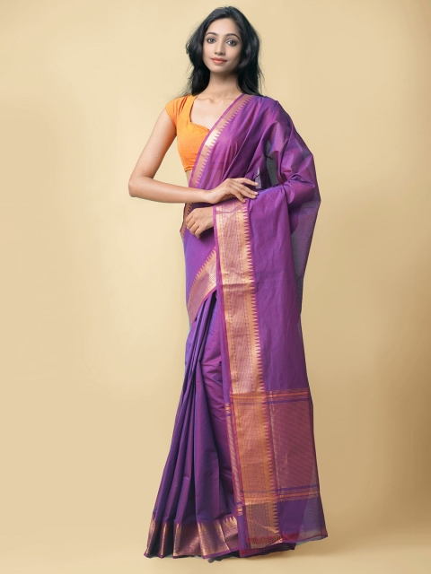 

Unnati Silks Purple & Gold-Toned Zari Silk Cotton Mangalagiri Saree