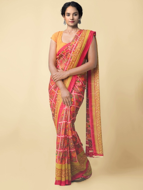 

Unnati Silks Red & Orange Bandhani Block Print Saree