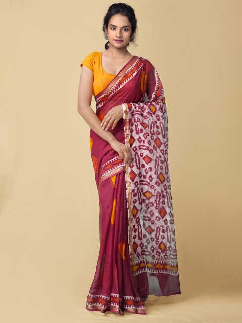 

Unnati Silks Maroon & White Batik Zari Pure Cotton Kota Saree