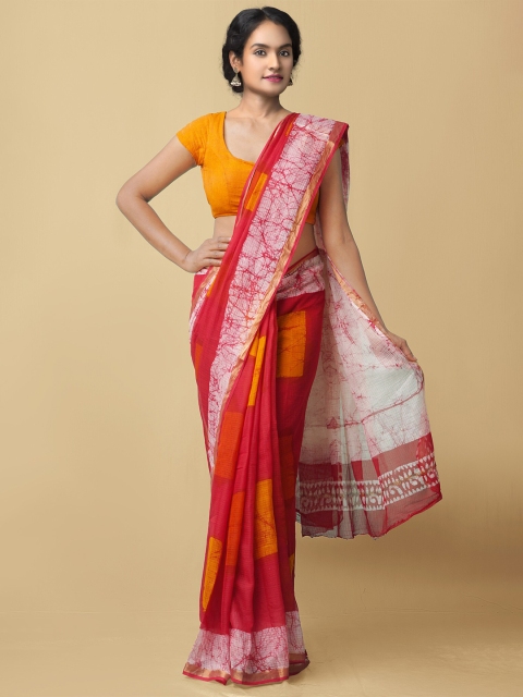 

Unnati Silks Red & White Batik Zari Pure Cotton Kota Saree