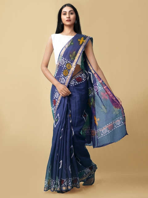 

Unnati Silks Blue & White Batik Zari Pure Cotton Kota Saree