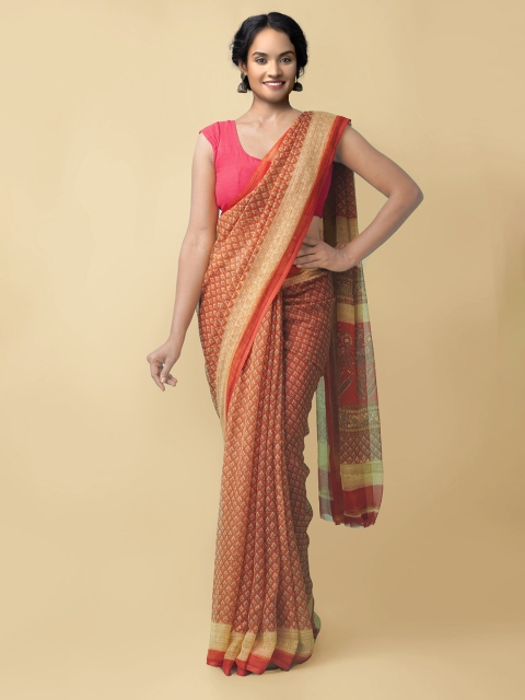 

Unnati Silks Orange & Cream-Coloured Floral Block Print Saree