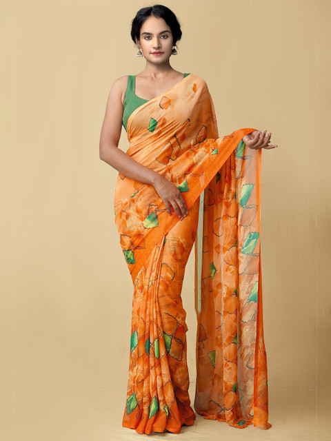 

Unnati Silks Orange & Green Block Print Saree