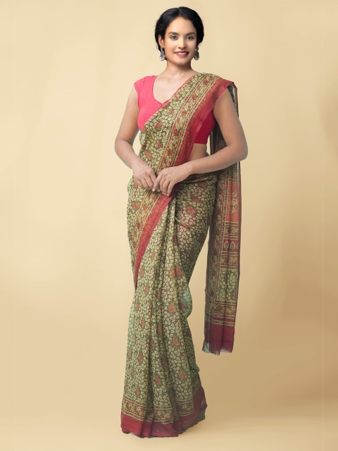 

Unnati Silks Green & Red Floral Block Print Saree