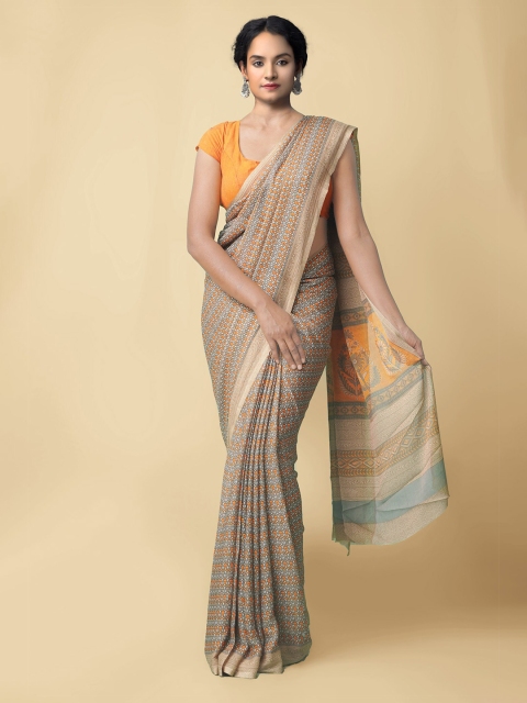 

Unnati Silks Multicoloured Floral Block Print Saree, Multi
