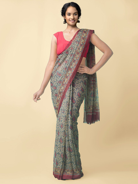 

Unnati Silks Blue & Pink Floral Block Print Saree