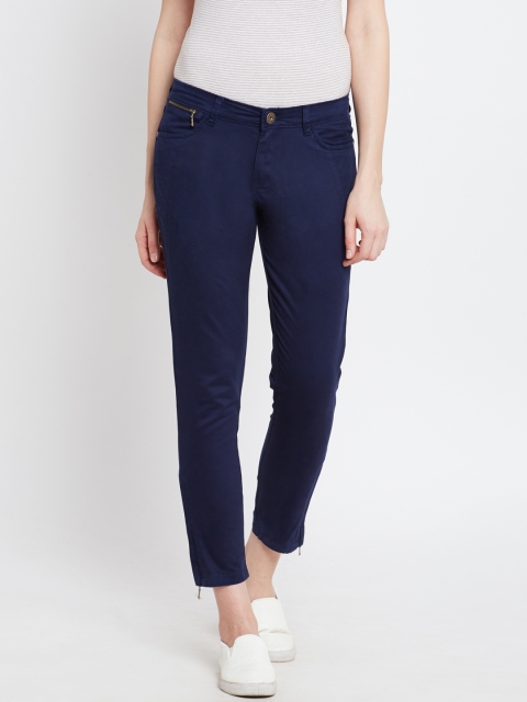 

People Women Navy Solid Flat-Front Ankle-Length Trousers, Navy blue