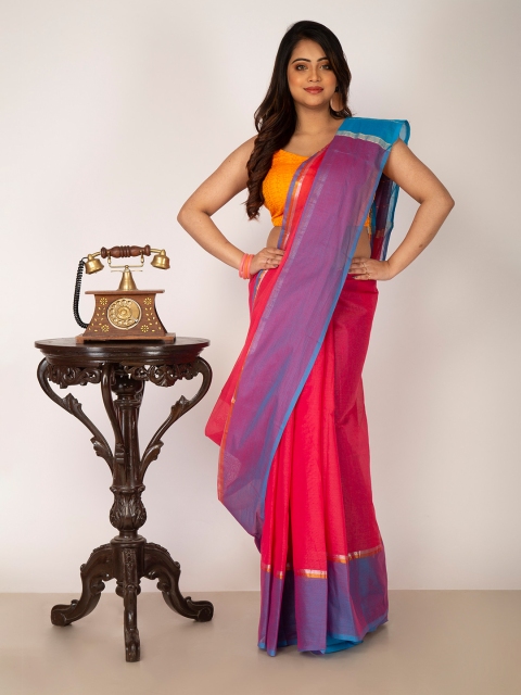 

Unnati Silks Pink & Blue Zari Pure Cotton Mangalagiri Saree