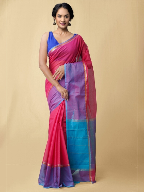 

Unnati Silks Pink & Blue Zari Pure Cotton Mangalagiri Saree