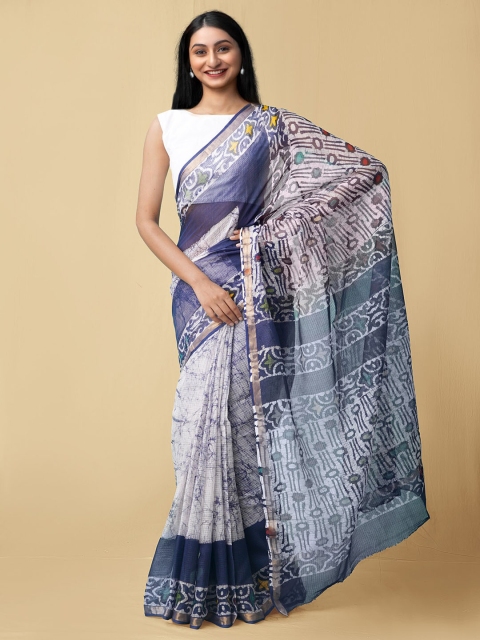 

Unnati Silks Blue & White Batik Zari Pure Cotton Kota Saree