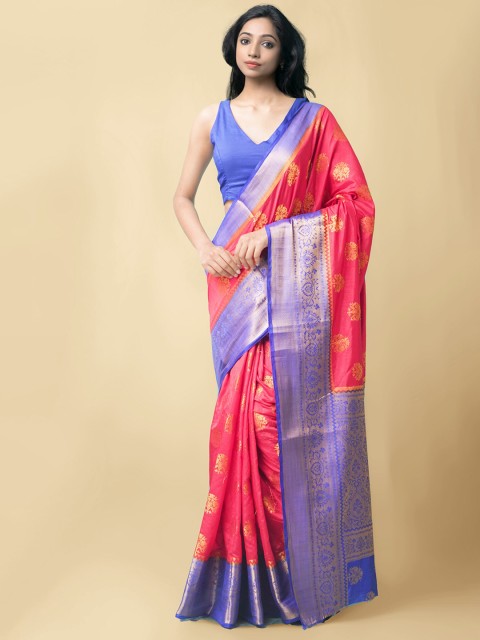 

Unnati Silks Red & Blue Ethnic Motifs Zari Silk Blend Banarasi Saree