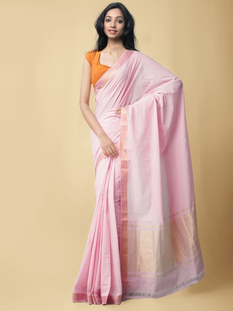 

Unnati Silks Pink & Gold-Toned Zari Silk Cotton Mangalagiri Saree