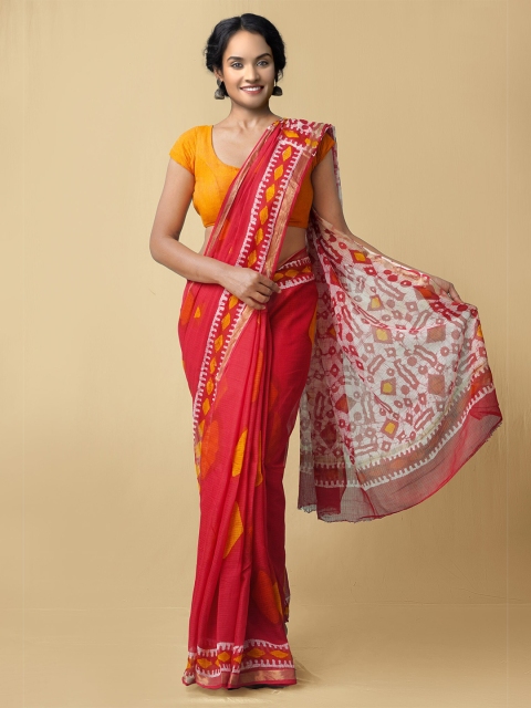 

Unnati Silks Red & White Batik Zari Pure Cotton Kota Saree