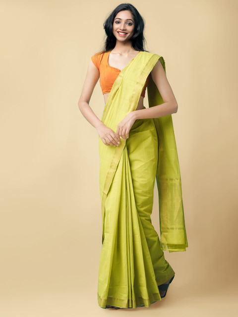 

Unnati Silks Green & Gold-Toned Zari Silk Cotton Mangalagiri Saree