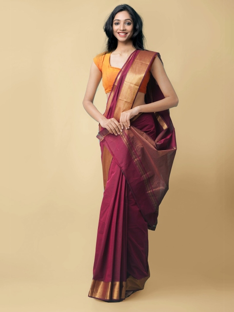 

Unnati Silks Maroon & Gold-Toned Zari Silk Cotton Mangalagiri Saree