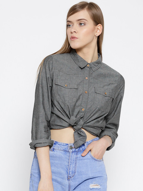 

People Women Grey Solid Casual Shirt