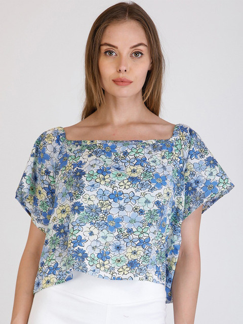 

Cottinfab Blue & Yellow Floral Printed Off-Shoulder Bardot Top