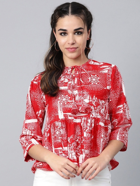 

Cottinfab Red & White Ethnic Printed Crepe A-Line Top