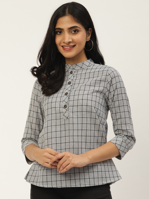 

Cottinfab Grey & Black Checked Mandarin Collar Shirt Style Top