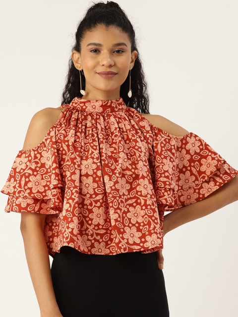 

Cottinfab Rust Red & Off White Floral Printed Cold-Shoulder Sleeves Regular Top