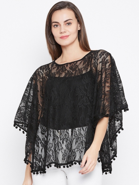 

Cottinfab Black Lace Inserts Sheer Cape Top