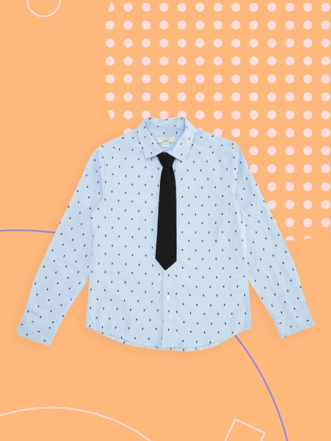 

Pantaloons Junior Boys Pure Cotton Blue Micro Ditsy Printed Shirt With Navy Blue Tie