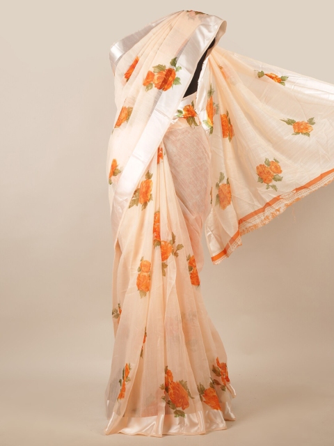

Pothys Peach-Coloured & Silver-Toned Floral Printed Zari Saree