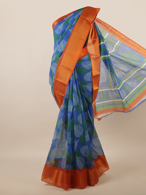 

Pothys Blue & Orange Floral Zari Saree