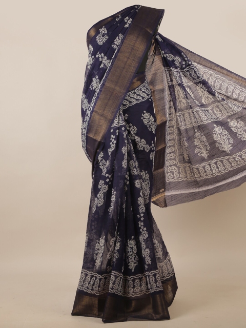 

Pothys Navy Blue & White Ethnic Motifs Zari Saree