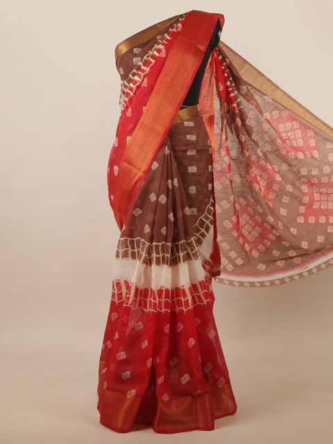 

Pothys Brown & Red Bandhani Printed Cotton Blend Saree
