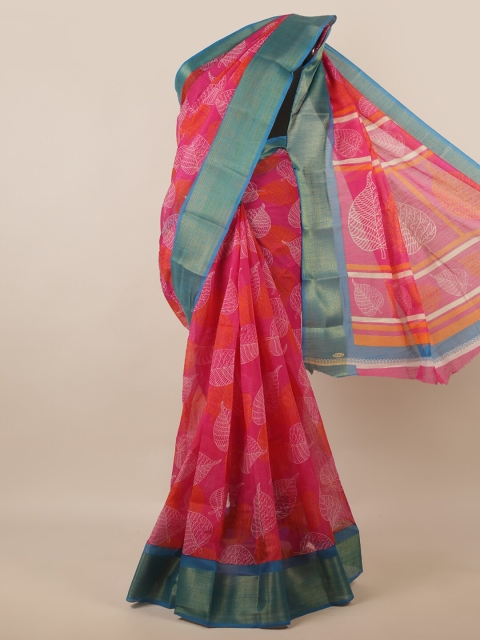 

Pothys Pink & Blue Cotton Blend Floral Zari Saree