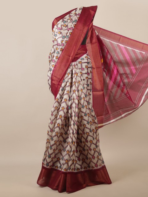 

Pothys Cream-Coloured & Pink Printed Zari Saree