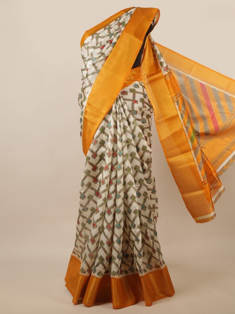 

Pothys Cream-Coloured & Yellow Geometric Printed Zari Saree