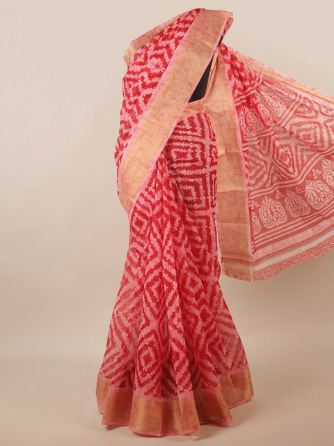 

Pothys Pink & Off White Geometric printed Zari Saree