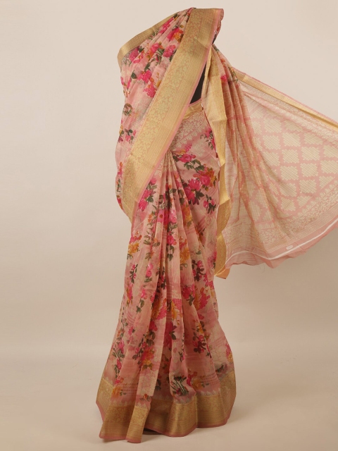 

Pothys Peach-Coloured & Fuchsia Floral Printed Zari Saree