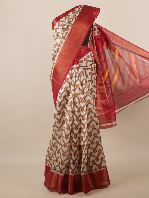 

Pothys Cream-Coloured Geometric Printed Cotton Blend Saree