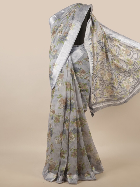 

Pothys Grey & Green Floral Printed Zari Saree