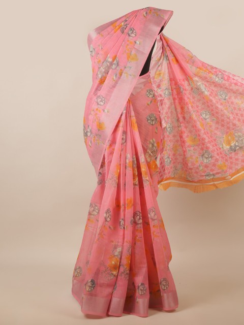 

Pothys Pink & Mustard Floral Zari Saree