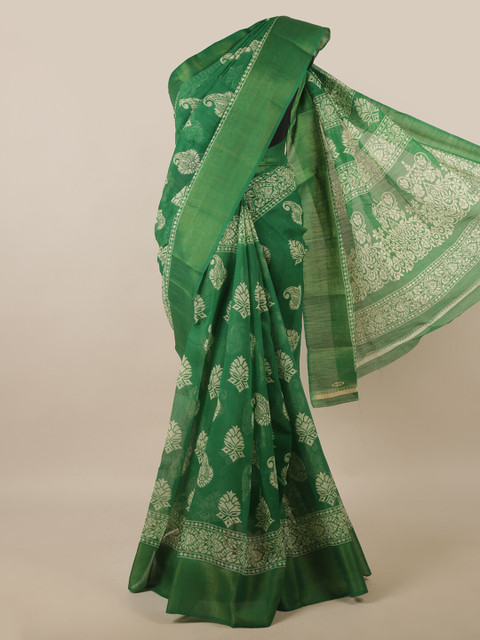 

Pothys Green & Off White Ethnic Motifs Printed Zari Saree