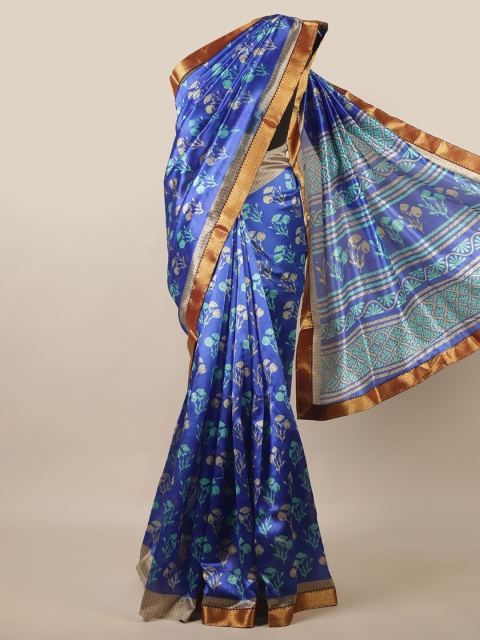 

Pothys Blue & Bronze-Toned Floral Printed Zari Saree