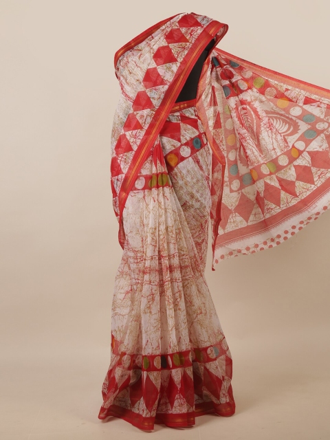 

Pothys Cream-Coloured & Red Geometric Printed Zari Saree