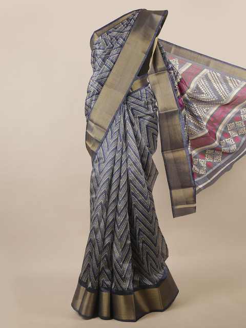 

Pothys Blue & Gold-Toned Printed Zari Saree